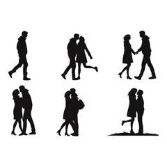 Romantic Couples Silhouettes Set: A collection of vector silhouettes depicting intimate moments between couples, capturing the essence of love, connection, and companionship.