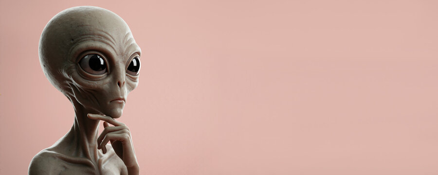 Detailed portrait of a thinking alien with copy space. 3D render of a wise, wrinkled extraterrestrial on a pink background. World UDO day banner