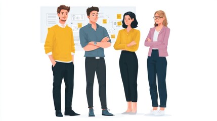 Obraz premium Diverse group of four young professionals engaged in a business discussion in a modern office setting with documents and digital devices on the wall behind them