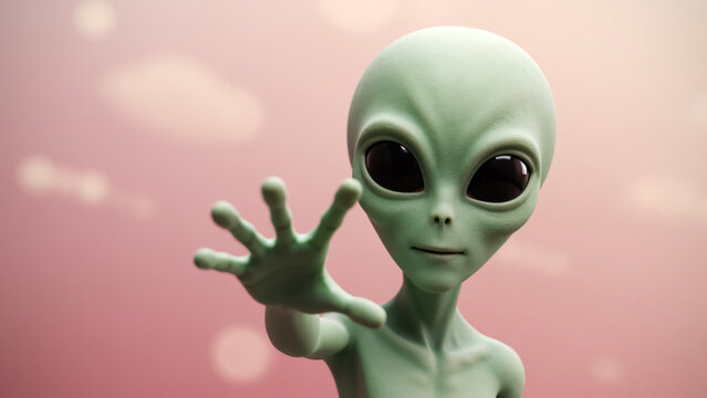 Green alien reaching its hand to the camera. Close-up portrait of a 3D extraterrestrial making a gesture. - Powered by Adobe
