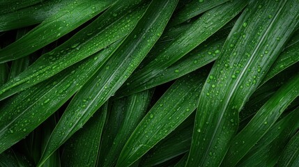 Fototapeta premium A close-up of vibrant green leaves adorned with glistening water droplets, symbolizing freshness and rejuvenation, inviting viewers into the natural beauty of foliage.