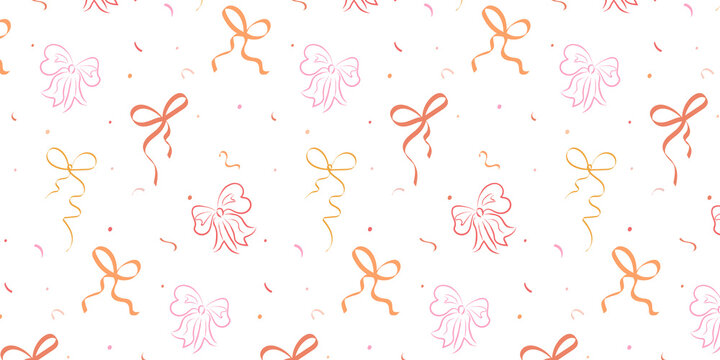 Cute Bows Pattern, Pink, Background with Hand Drawn Bows, Vintage, Transparent Background