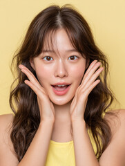 Korean Woman in Yellow Outfit Beauty Shoot, Makeup Editorial, Beauty Stock Photo, K-Beauty Style Portrait, Glamorous Korean Model in simple