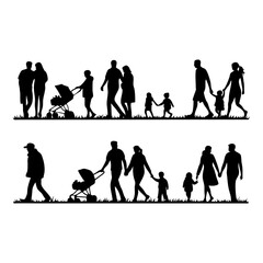 Family Silhouettes Collection: A collection of diverse family silhouettes, depicting various family structures enjoying a stroll, showcasing unity, togetherness, and family bonds.