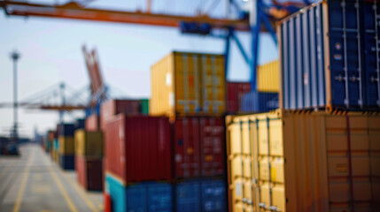 Stacked shipping containers at busy port with cranes, global logistics and supply chain transportation concept, international trade and cargo import export business