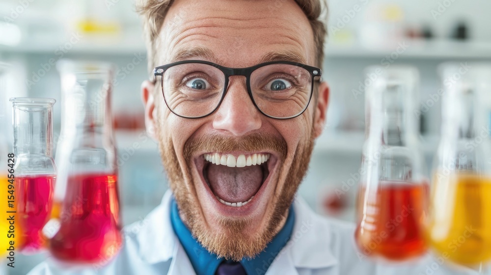 Poster closeup of an enthusiastic scientist in a laboratory setting revealing a new discovery or breakthrou
