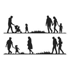 Family Silhouettes: Collection of family silhouettes depicting various family structures strolling together in a park.