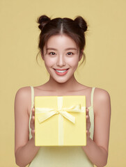 Korean Woman in Yellow Outfit Beauty Shoot, Makeup Editorial, Beauty Stock Photo, K-Beauty Style Portrait, Glamorous Korean Model in simple
