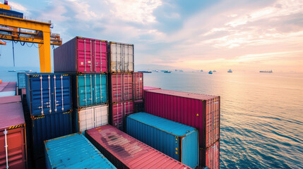 Stacked shipping containers at busy port with cranes, global logistics and supply chain transportation concept, international trade and cargo import export business