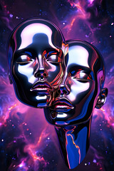 Interstellar Embrace: Futuristic Faces in a Cosmic Landscape