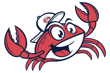 Cheerful red crab wearing a cap presents its claws happily with a smile