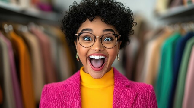 young woman enthusiastically trying on a new outfit in a colorful and vibrant clothing boutique expressing joy and delight at the fashion transformation