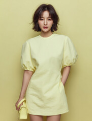 Korean Woman in Yellow Outfit Beauty Shoot, Makeup Editorial, Beauty Stock Photo, K-Beauty Style Portrait, Glamorous Korean Model in simple