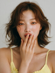 Korean Woman in Yellow Outfit Beauty Shoot, Makeup Editorial, Beauty Stock Photo, K-Beauty Style Portrait, Glamorous Korean Model in simple