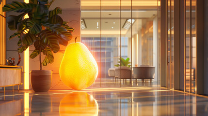 a glowing mango-shaped portal in the middle of a modern office hallway, warm golden light spilling onto clean floors, or mango-themed props nearby, natural light coming from glass walls