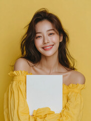 Korean Woman in Yellow Outfit Beauty Shoot, Makeup Editorial, Beauty Stock Photo, K-Beauty Style Portrait, Glamorous Korean Model in simple