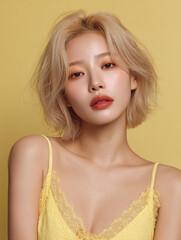 Korean Woman in Yellow Outfit Beauty Shoot, Makeup Editorial, Beauty Stock Photo, K-Beauty Style Portrait, Glamorous Korean Model in simple