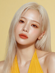 Korean Woman in Yellow Outfit Beauty Shoot, Makeup Editorial, Beauty Stock Photo, K-Beauty Style Portrait, Glamorous Korean Model in simple