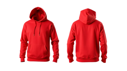 Red hoodie in front and back view, mockup isolated on transparent background