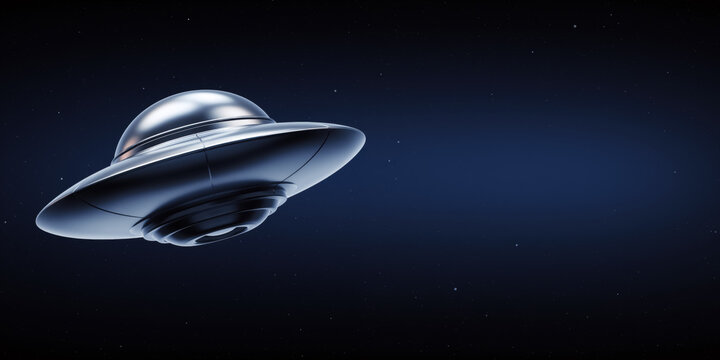 Sleek metallic UFO in space. 3D render of a futuristic flying saucer with copy space.