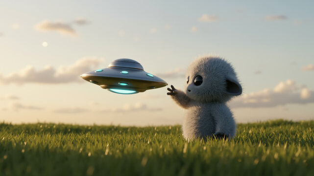Cute fluffy alien reaching for a UFO in a field. Adorable 3D monster and a flying saucer at sunset. - Powered by Adobe