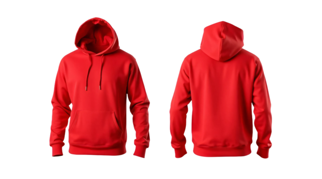 Red hoodie in front and back view, mockup isolated on transparent background - Powered by Adobe