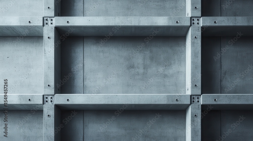 Aufkleber an image displaying a minimalist industrial concrete wall featuring several shelving units, perfect 