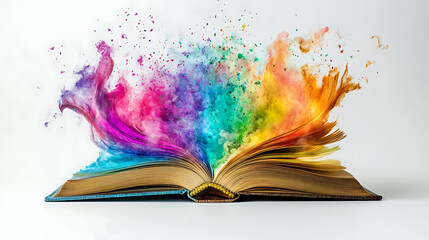 An open book releasing a burst of colorful powder into the air