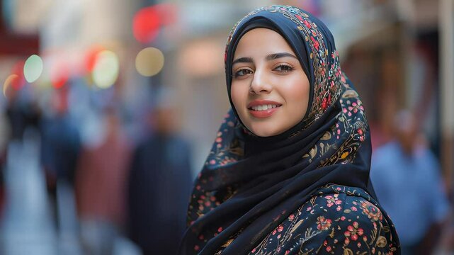 A woman wearing a black scarf and a floral patterned dress is smiling for the camera. The image captures a moment of happiness and positivity