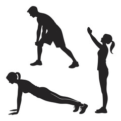 Fitness Silhouette Set: A collection of dynamic fitness silhouettes showcasing various exercise poses. Capturing the essence of movement and strength, ideal for health, wellness.