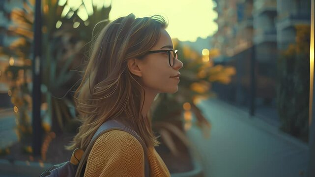 A woman wearing glasses and a yellow sweater is walking down a street. She is carrying a backpack and looking ahead