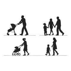 Fototapeta premium Family Silhouette Set: A series of simple black and white silhouette images capture family dynamics, featuring parents walking with stroller and children, offering versatile concepts for family.