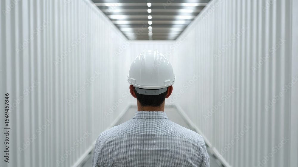 Poster engineer reviewing safety protocols and processes in an industrial container warehouse environment m