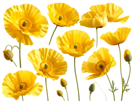 Realistic Yellow Poppies Botanical Set for Easter – Transparent Background PNG