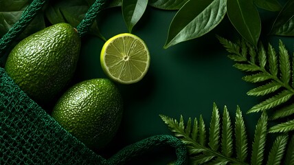 Dark Green Still Life: Avocados, Lime, and Leaves