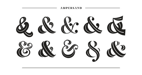 Elegant ampersand collection. 10 unique typographic variations for wedding invitations and romantic designs. Stylish vector symbols in decorative sans serif style.