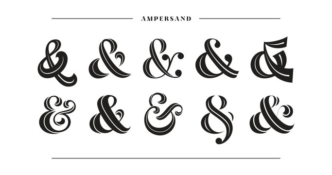 Elegant ampersand collection. 10 unique typographic variations for wedding invitations and romantic designs. Stylish vector symbols in decorative sans serif style.