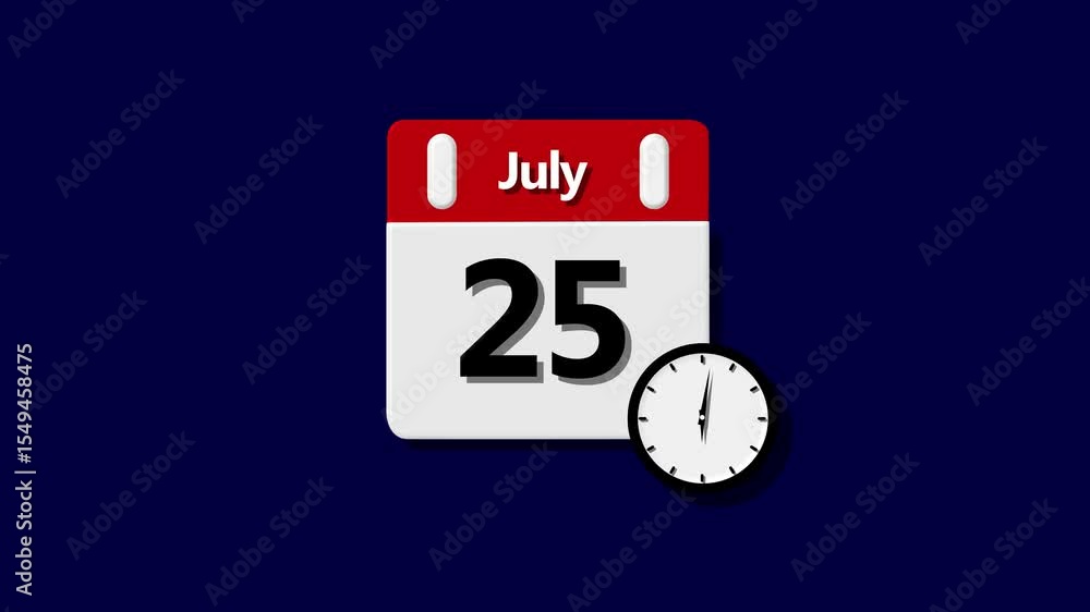 Poster 25 july month calendar. calendar simple icon animation date change time month and bule color backgro