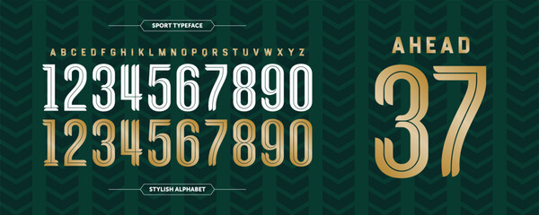 Ahead 37: Bold green stylish number. Sport jersey design concept with gold color combination. Custom sport uniform vector illustration.