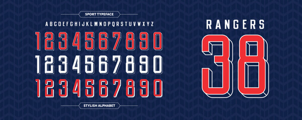 Rangers 38: Sport lines number design. Jersey concept with good red-blue color combination. Typography condensed Vector illustration