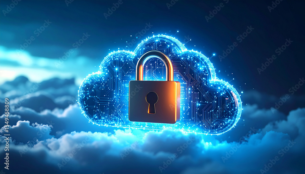 Poster cloud security and protection: digital cloud security with an illuminated padlock in the sky, repres