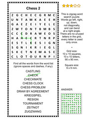 Chess game themed zigzag word search puzzle 2 (suitable both for kids and adults). Answer included.
