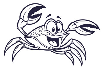 Happy cartoon crab with large claws shows excitement in a outlined, clean drawing