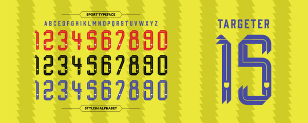 Targeter 15: A vintage sport number concept with bold inline style. Classic jersey look in red, yellow, and blue. Ideal for team designs, apparel, and retro sport branding.