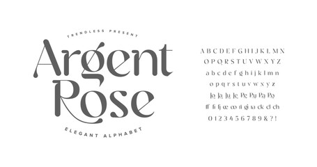 Obraz na płótnie Canvas Argent Rose: stylish serif font with a minimal yet luxurious feel. Includes full alphabet, ligatures, and numerals. Great for high end branding, fashion look books, and packaging.
