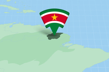 Suriname Location Highlighted on American Map with Flag Icon.