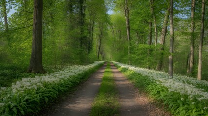 Obraz premium Serene Spring Forest Path: Lush Green Canopy, Wild Garlic Blooms, Tranquil Dirt Road