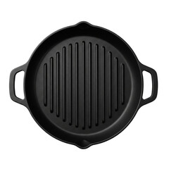 Top View Round Cast Iron Grill Pan with Deep Ridges and Dual Handles &ndash; Transparent Background Generative Ai.