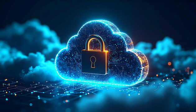 Cyber Security in Digital Sky: A glowing, digital cloud icon emblazoned with a padlock represents the pinnacle of online protection. Capturing a secure online environment 