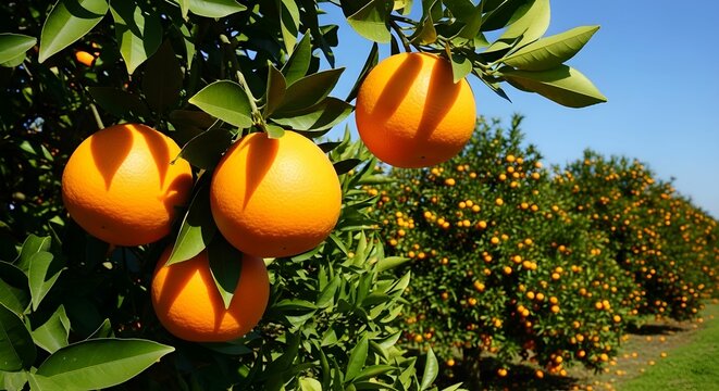 Sunlit Orange Grove with Ripe Fruit Hanging in Foreground Against Clear Blue Sky on a Bright Day